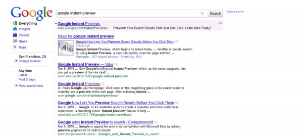 Search result with Google Instant Preview 
