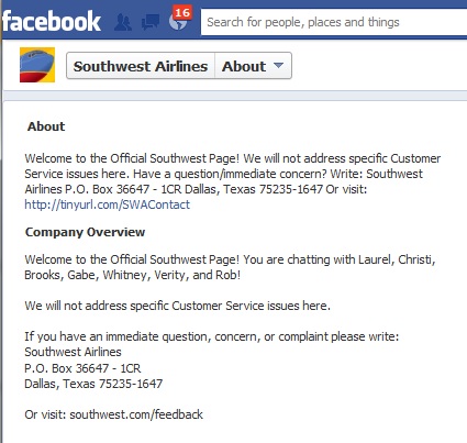 Contact info from Southwest Airlines Facebook page
