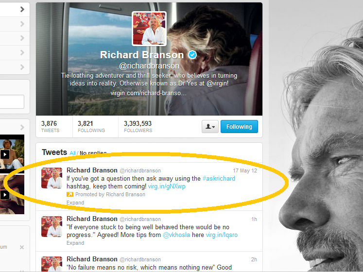 Richard Branson promoted tweet on Twitter